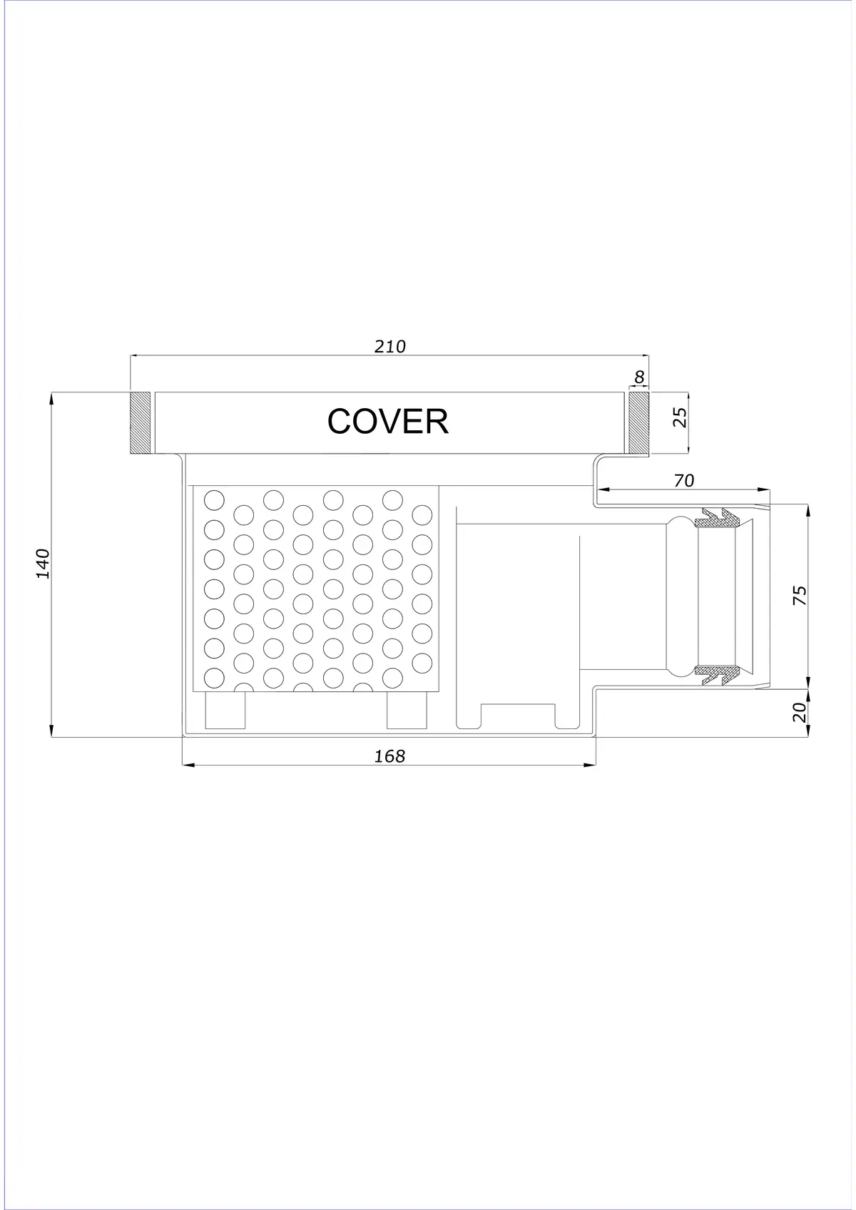 Scarico a pavimento BK_KROB 210 DN 75 con bordo 25x8mm - Monoblocco orizzontale