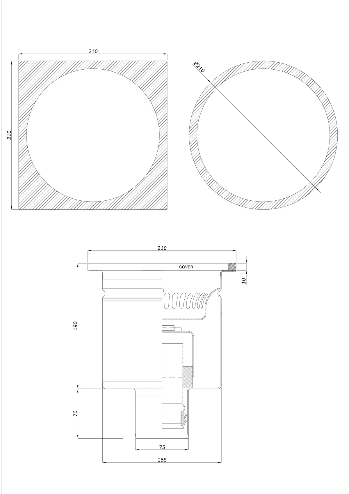 Scarico a pavimento BK_KRDO 210/210x210 DN 75 - Monoblocco verticale - Versione rotonda/quadrata