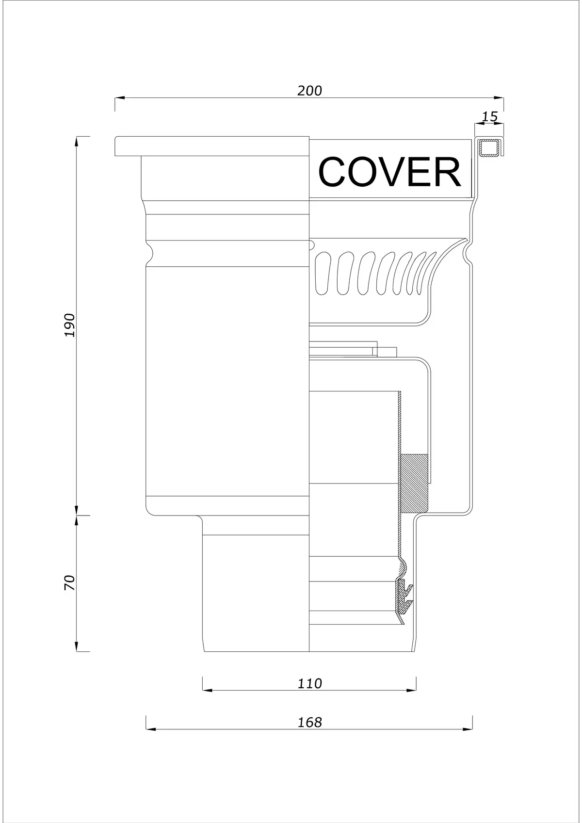 Scarico a pavimento BK_KRD 200x200 DN 110 - Monoblocco verticale