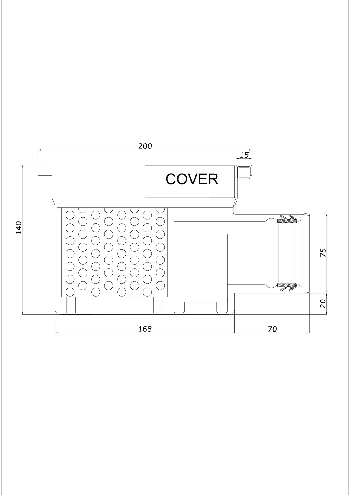 Scarico a pavimento BK_KRB 200x200 DN 75 - Monopezzo Orizzontale