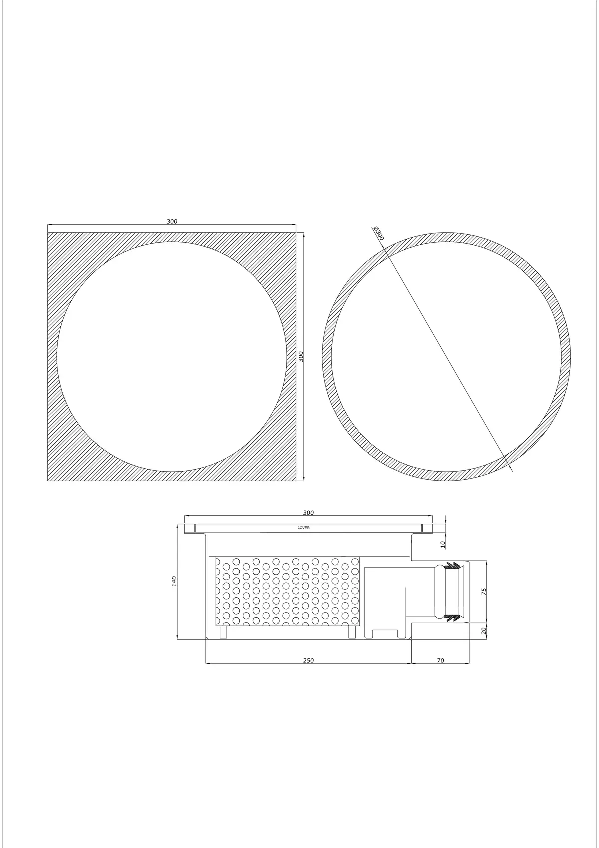 Scarico a pavimento BK_KRBO 300/ 300x300 DN 75 - Monopezzo Orizzontale - Versione tonda/quadrata