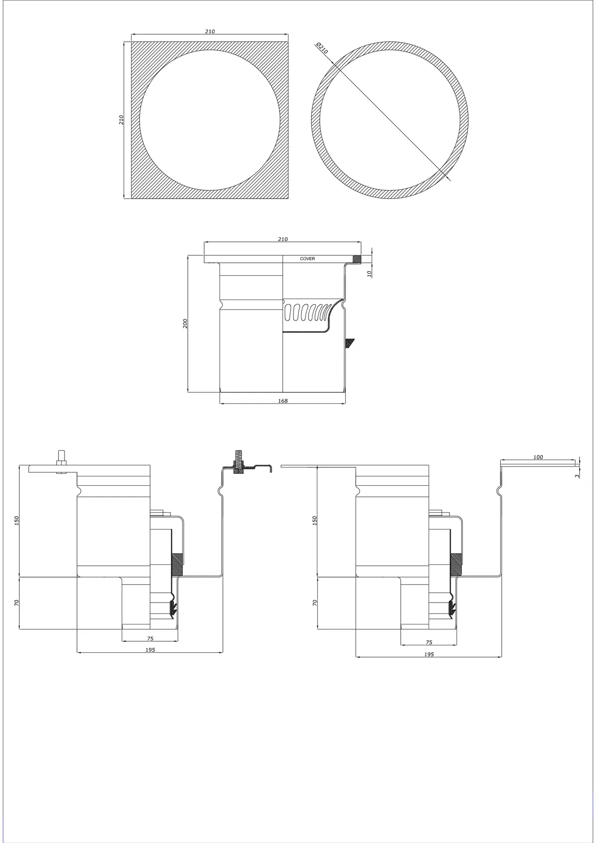 Scarico a pavimento BK_KRDO 210/210x210 DN 75 - Due pezzi verticale - Versione rotonda/quadrata