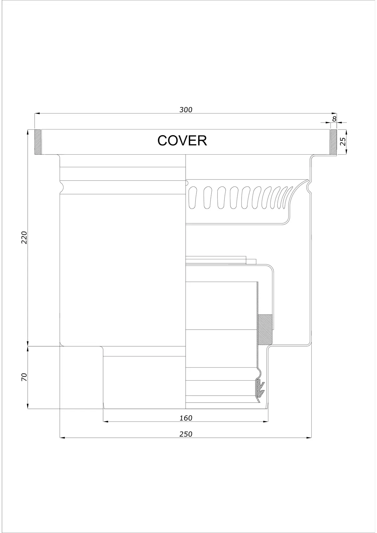 Scarico a pavimento BK_KROD 300 DN 160 con bordo 25x8mm - Monoblocco verticale