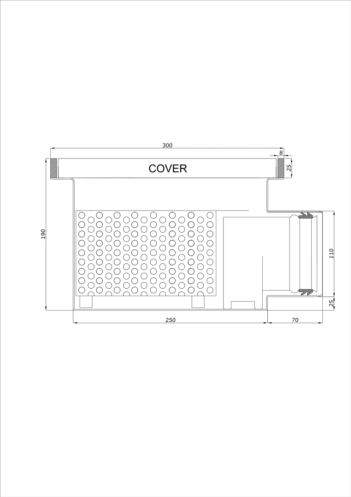 Scarico a pavimento BK_KROB 300 DN 110 con bordo 25x8mm - Monopezzo orizzontale