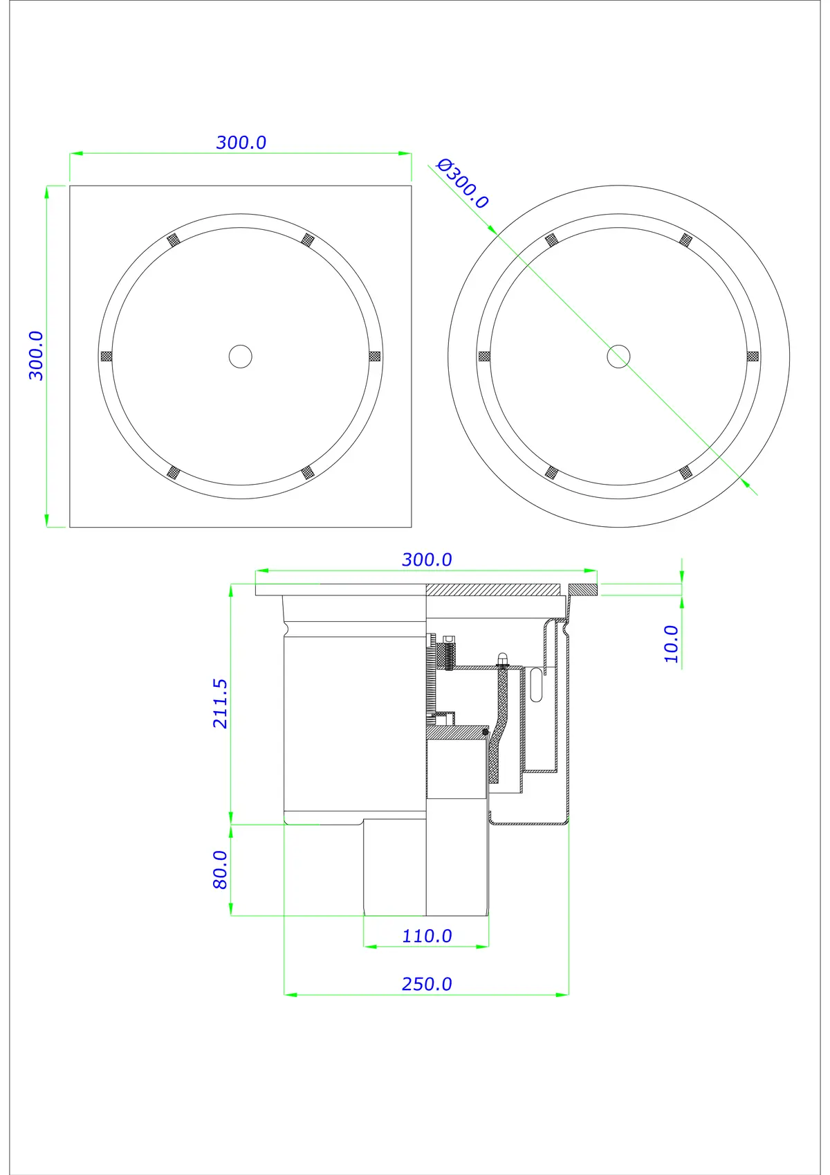 Scarico a pavimento BK_KROD 300/300x300 DN 110 con sifone chiudibile (chiave a brugola) - monopezzo verticale