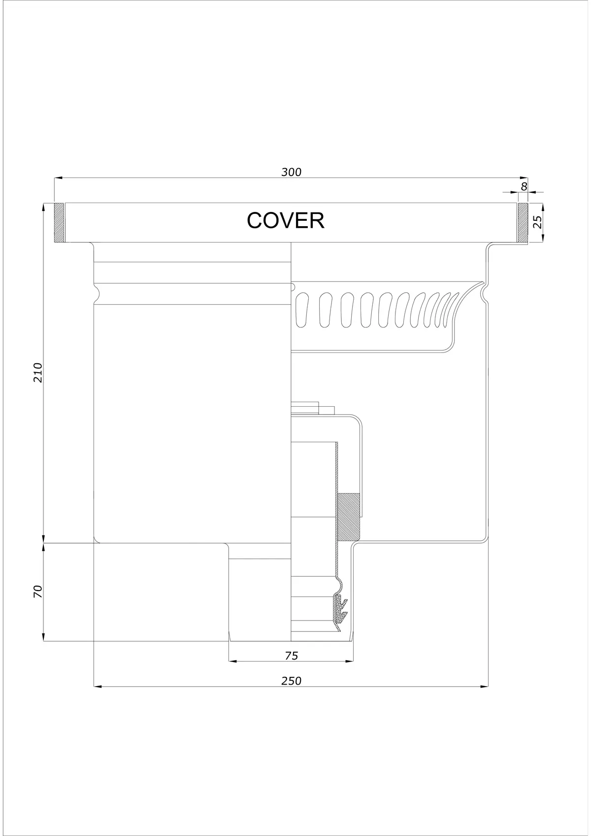 Scarico a pavimento BK_KROD 300 DN 75 con bordo 25x8mm - Scarico verticale monopezzo