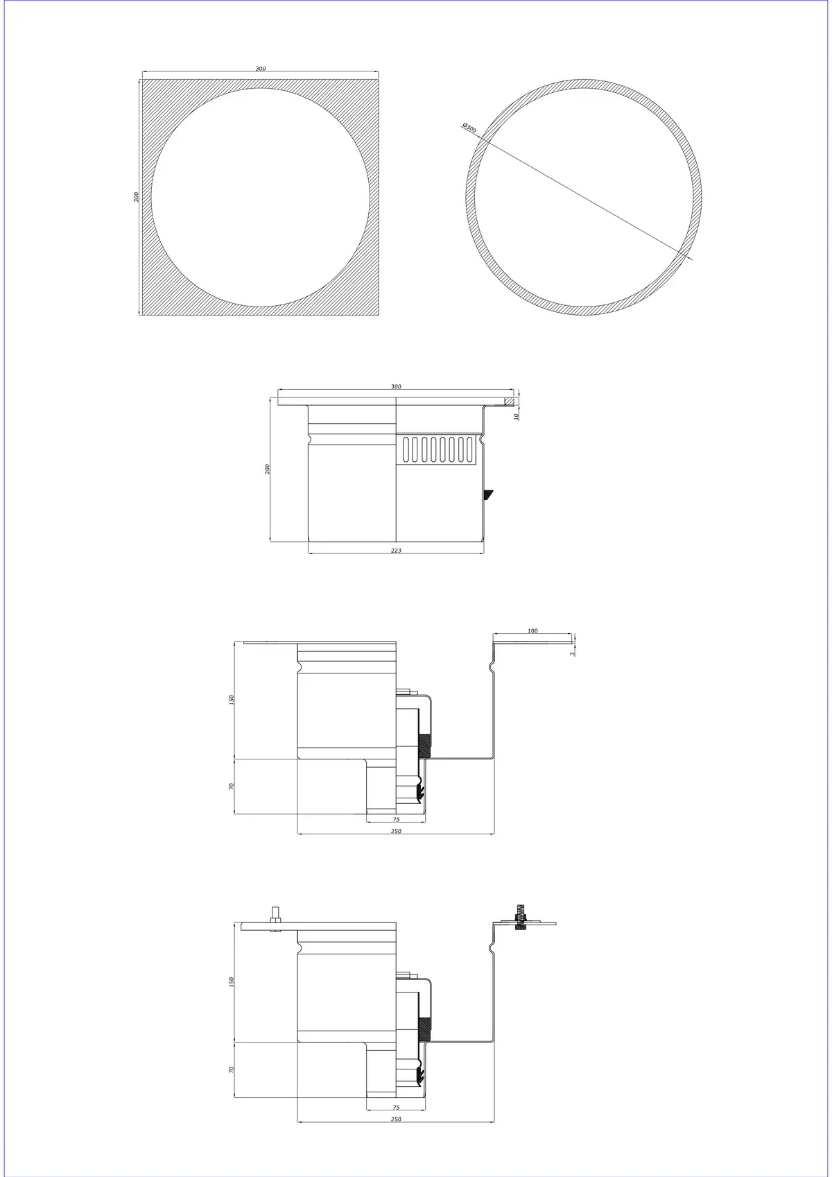 Scarico a pavimento BK_KRDO 300/300x300 DN 75 - Due parti verticale - Versione rotonda/quadrata