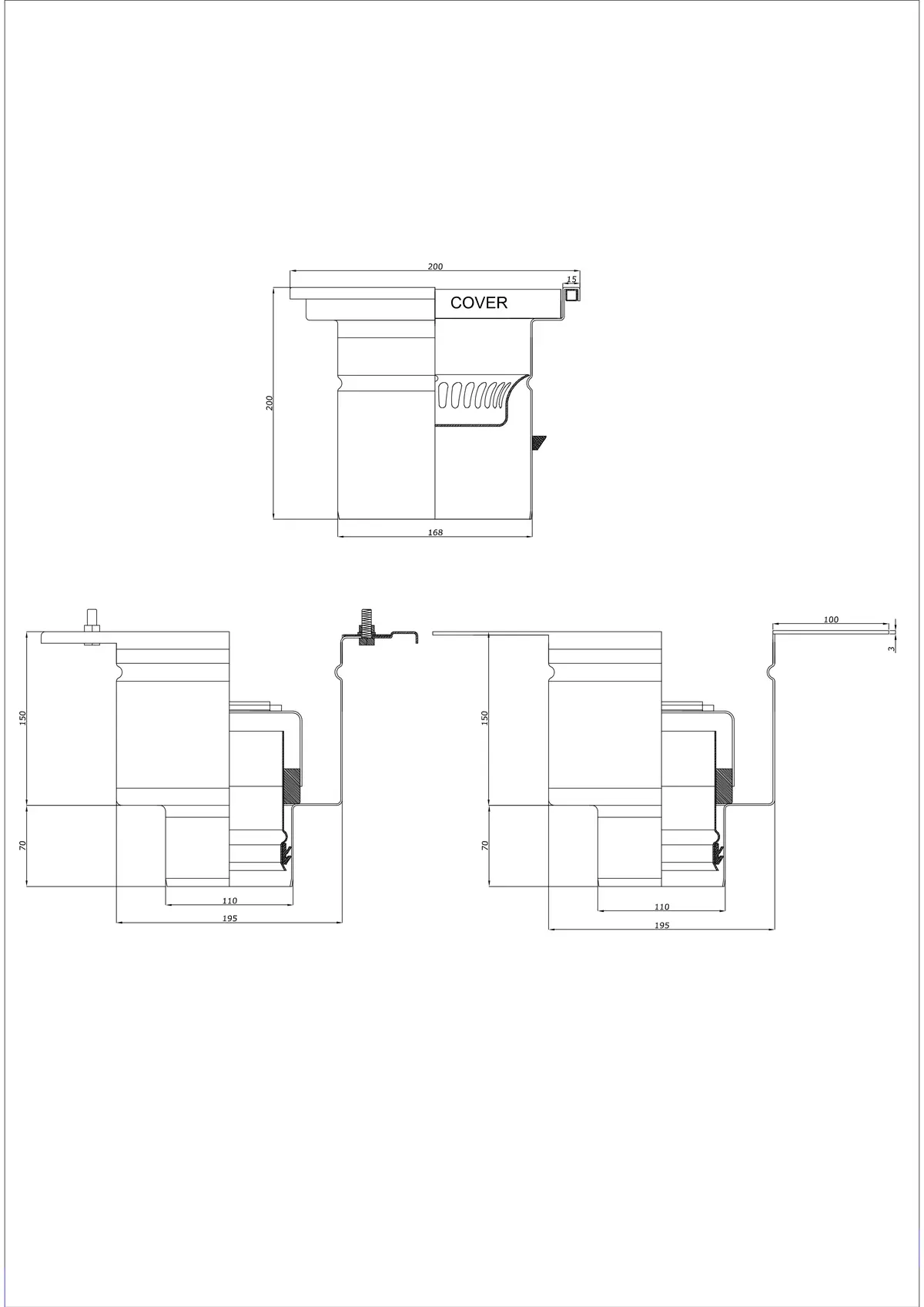 Scarico a pavimento BK_KRD 200x200 DN 110 - Verticale a due parti