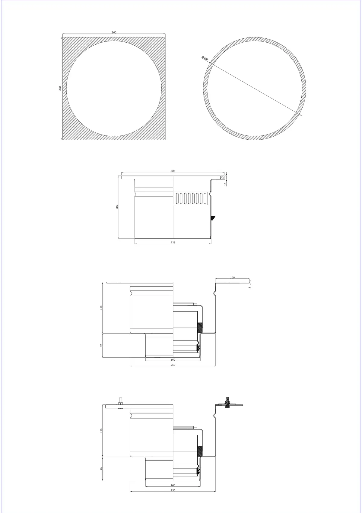 Scarico a pavimento BK_KRDO 300/300x300 DN 160 - Due pezzi verticale - Versione rotonda/quadrata