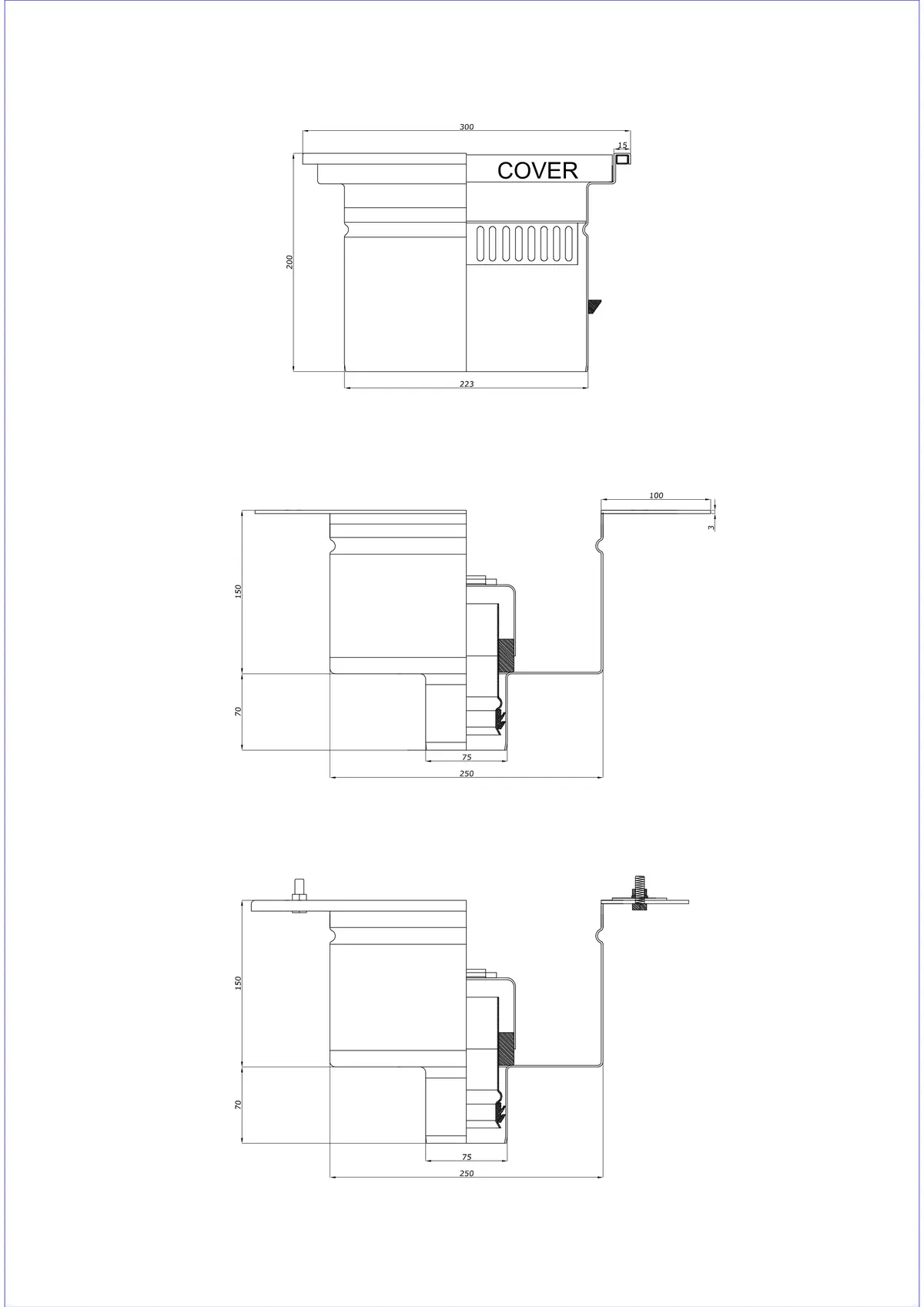 Scarico a pavimento BK_KRD 300x300 DN 75 - Due parti verticale