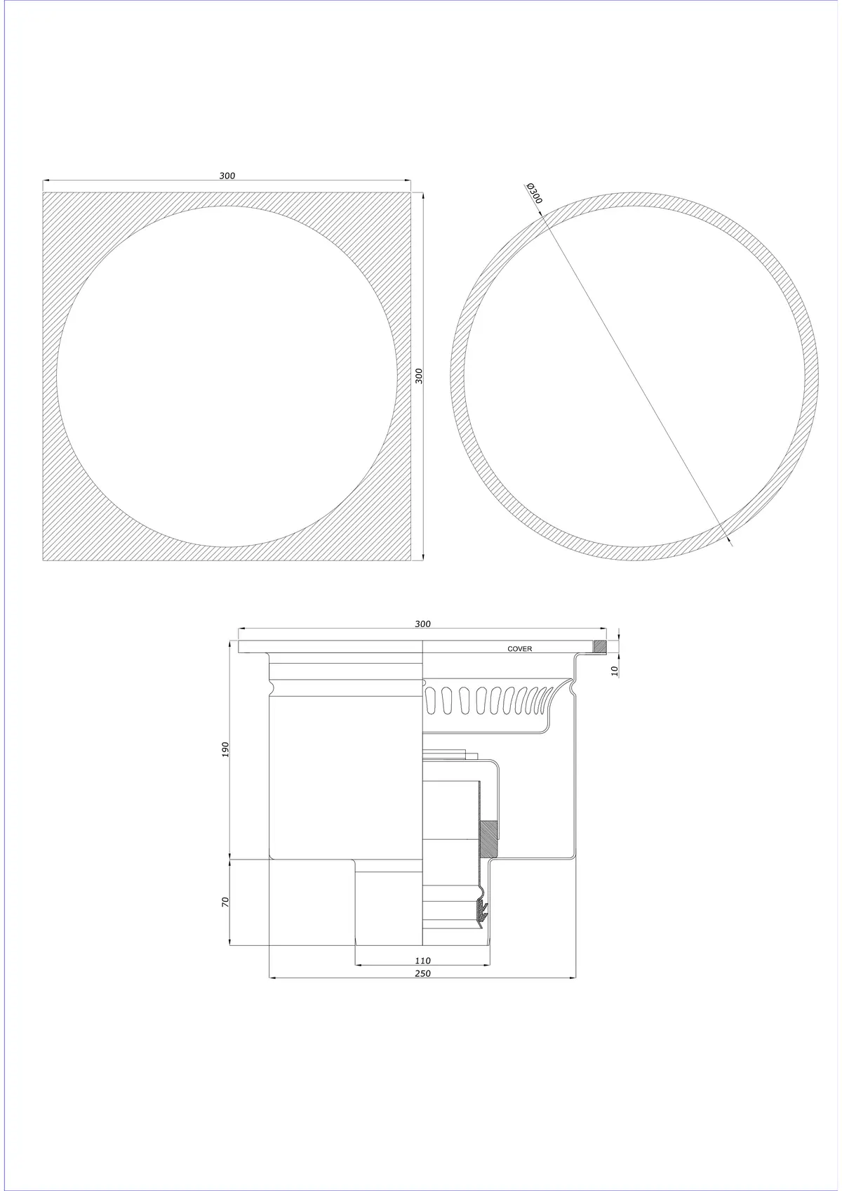 Scarico a pavimento BK_KRDO 300/300x300 DN 110 - Monoblocco Verticale - Versione rotonda/quadrata