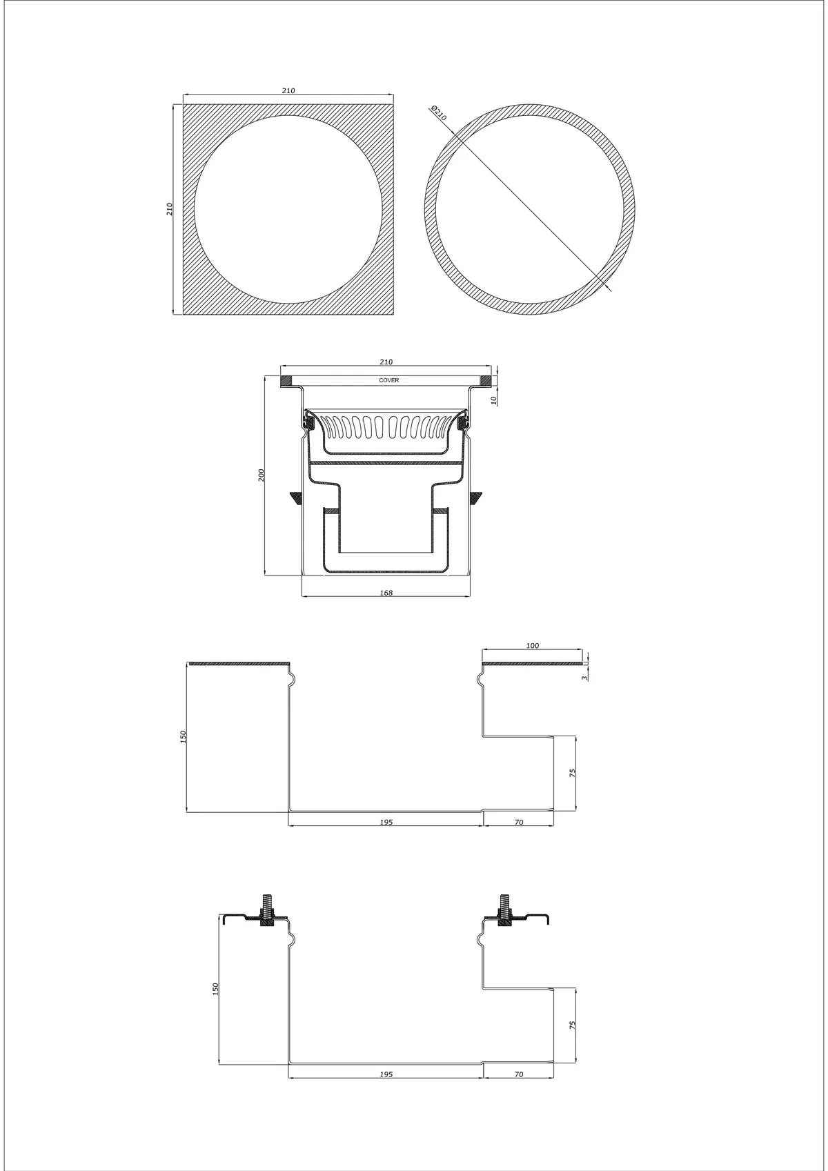 Scarico a pavimento BK_KRBO 210/ 210x210 DN 75 - Due parti orizzontale - Versione rotonda/quadrata