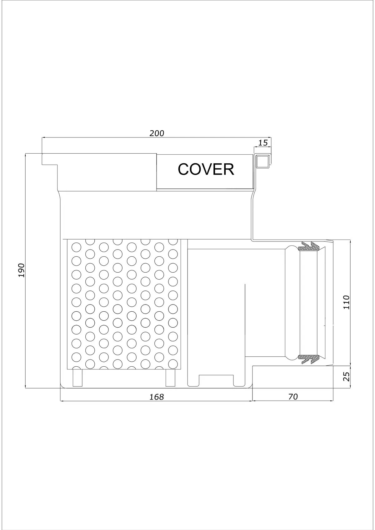 Scarico a pavimento BK_KRB 200x200 DN 110 - Monopezzo Orizzontale