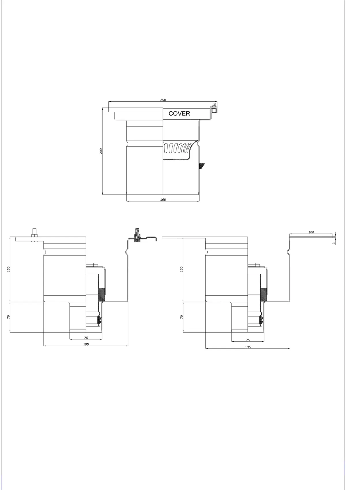 Scarico a pavimento BK_KRD 250x250 DN 75 - Scarico verticale in due parti