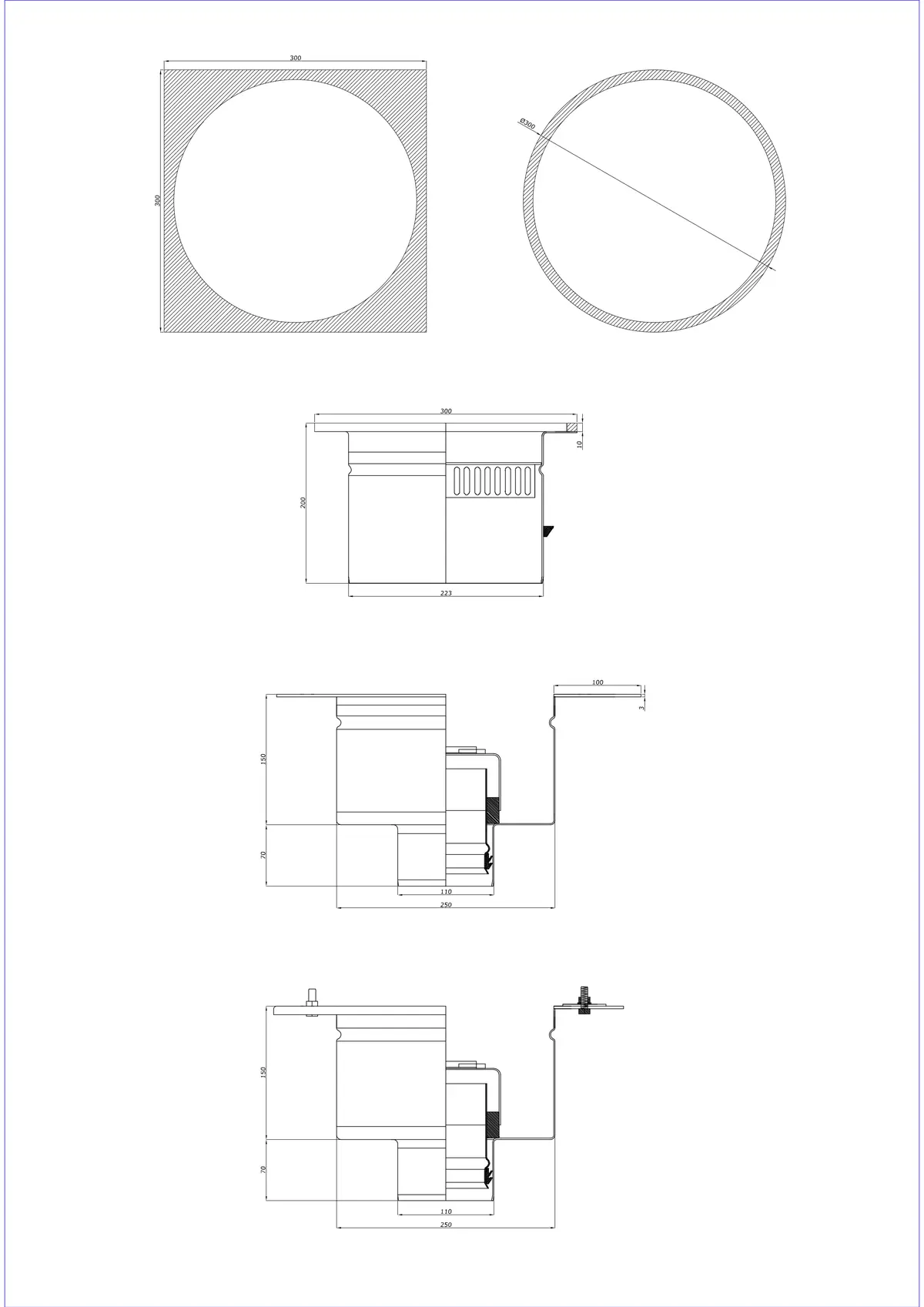 Scarico a pavimento BK_KRDO 300/300x300 DN 110 - Due parti verticale - Versione rotonda/quadrata