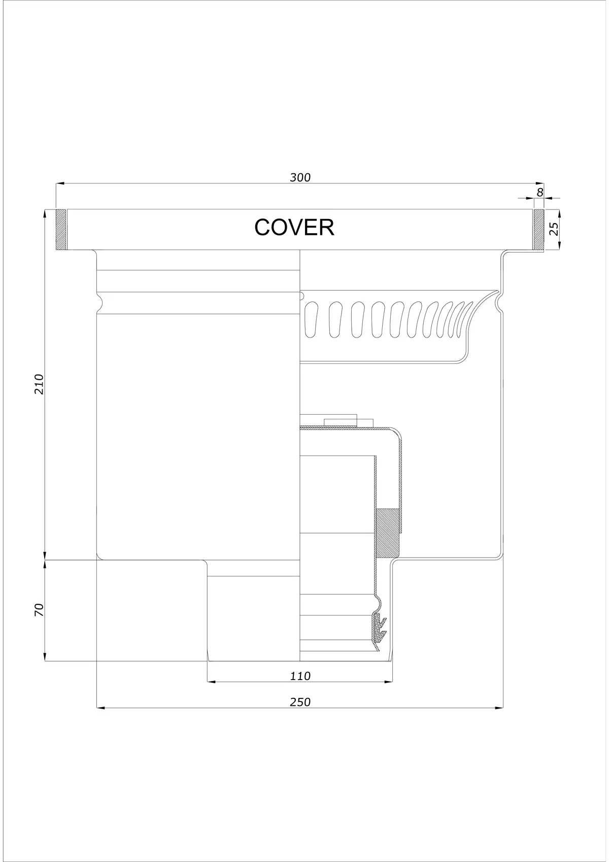 Scarico a pavimento BK_KROD 300 DN 110 con bordo 25x8mm - Scarico verticale monopezzo