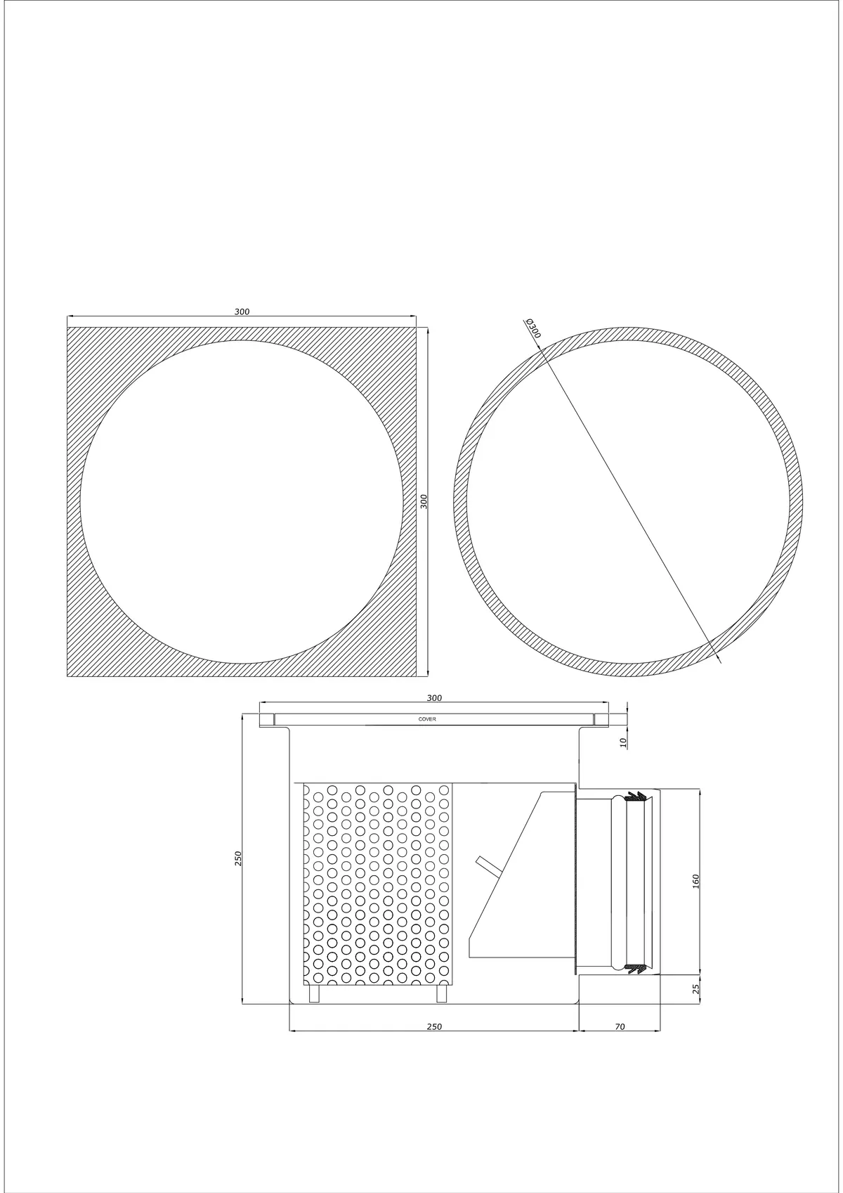 Scarico a pavimento BK_KRBO 300/300x300 DN 160 - Monoblocco Orizzontale - Versione Rotonda/Quadrata