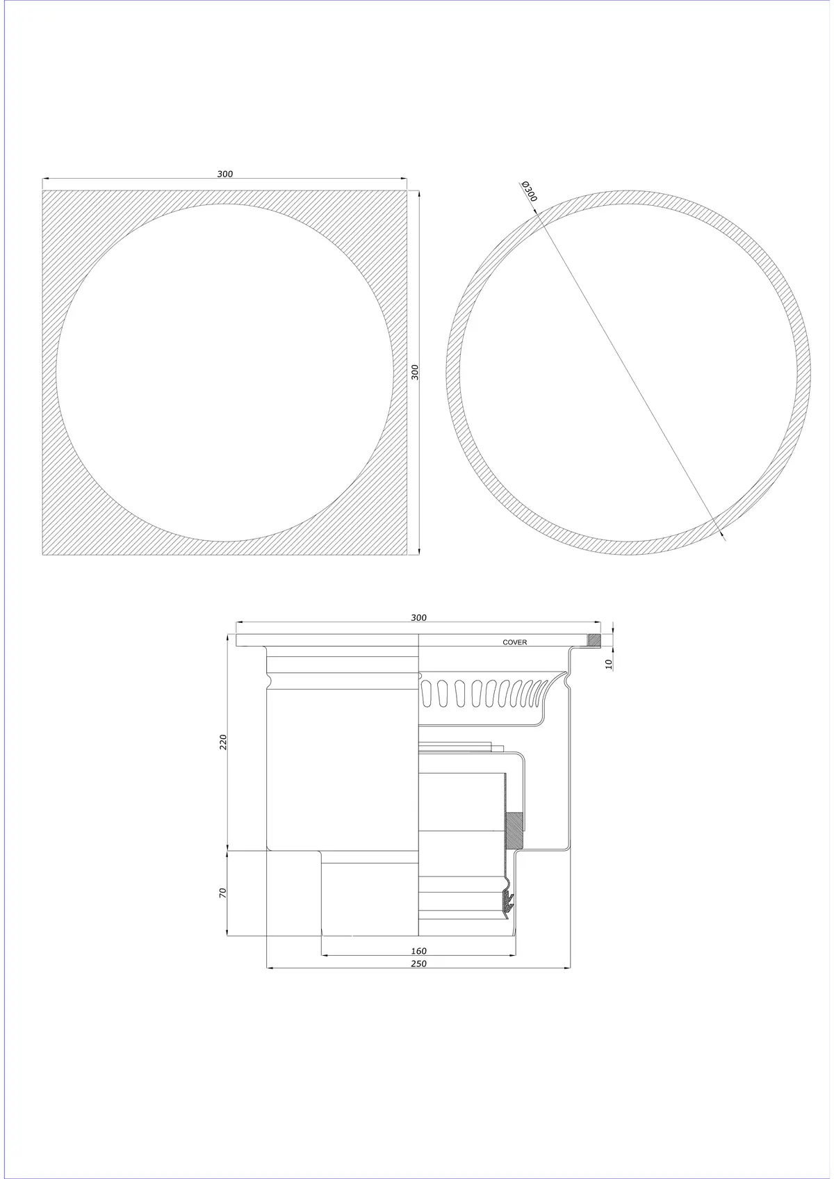 Scarico a pavimento BK_KRDO 300/300x300 DN 160 - Monoblocco verticale - Versione tonda/quadrata