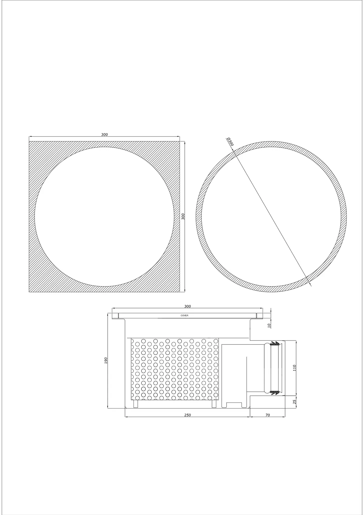 Scarico a pavimento BK_KRBO 300/ 300x300 DN 110 - Monoblocco Orizzontale - Versione rotonda/quadrata