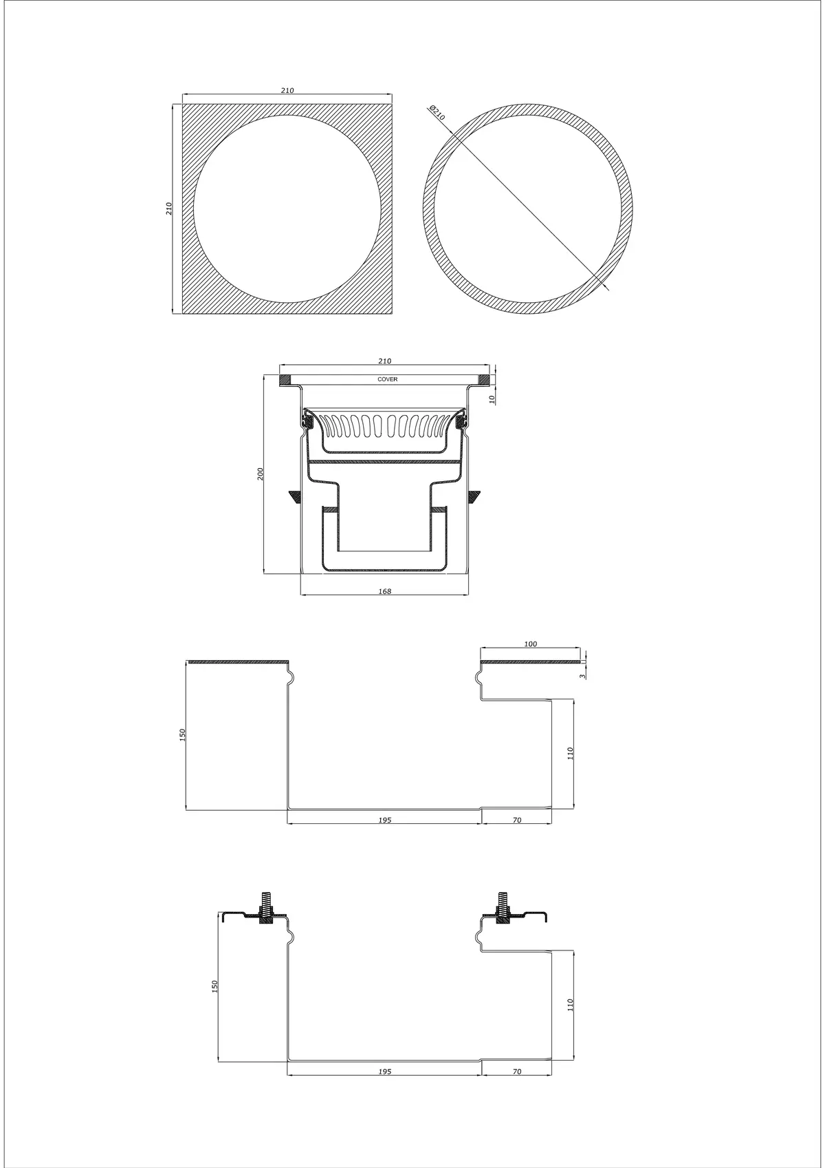 Scarico a pavimento BK_KRBO 210/ 210x210 DN 110 - Due parti orizzontale - Versione tonda/quadrata