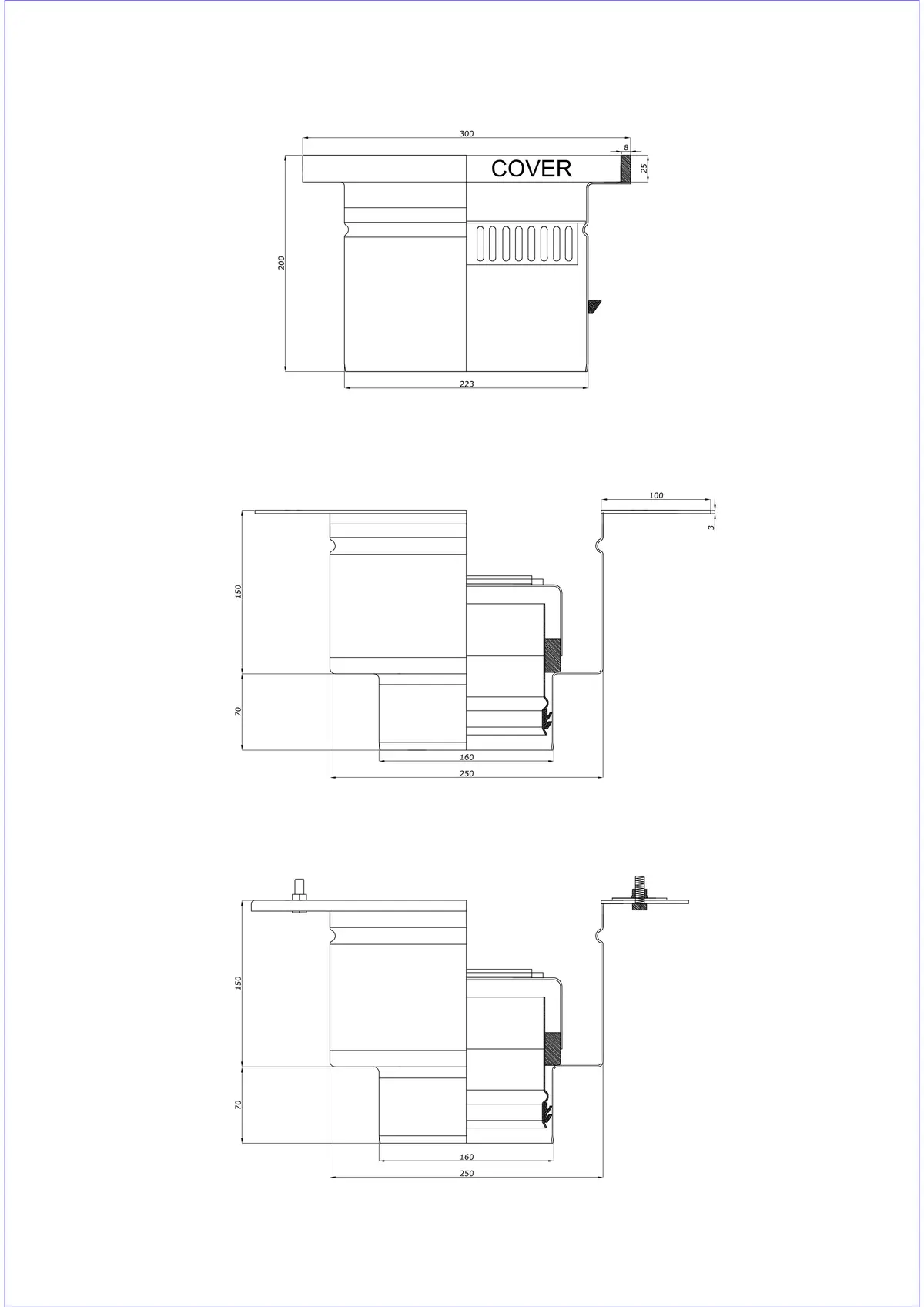 Scarico a pavimento BK_KROD 300 DN 160 con bordo 25x8mm - Verticale a due parti