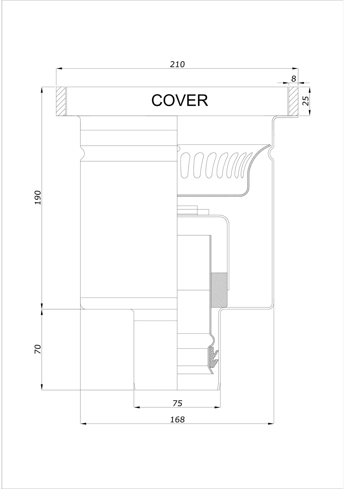 Scarico a pavimento BK_KROD 210 DN 75 con bordo 25x8mm - Scarico verticale monopezzo