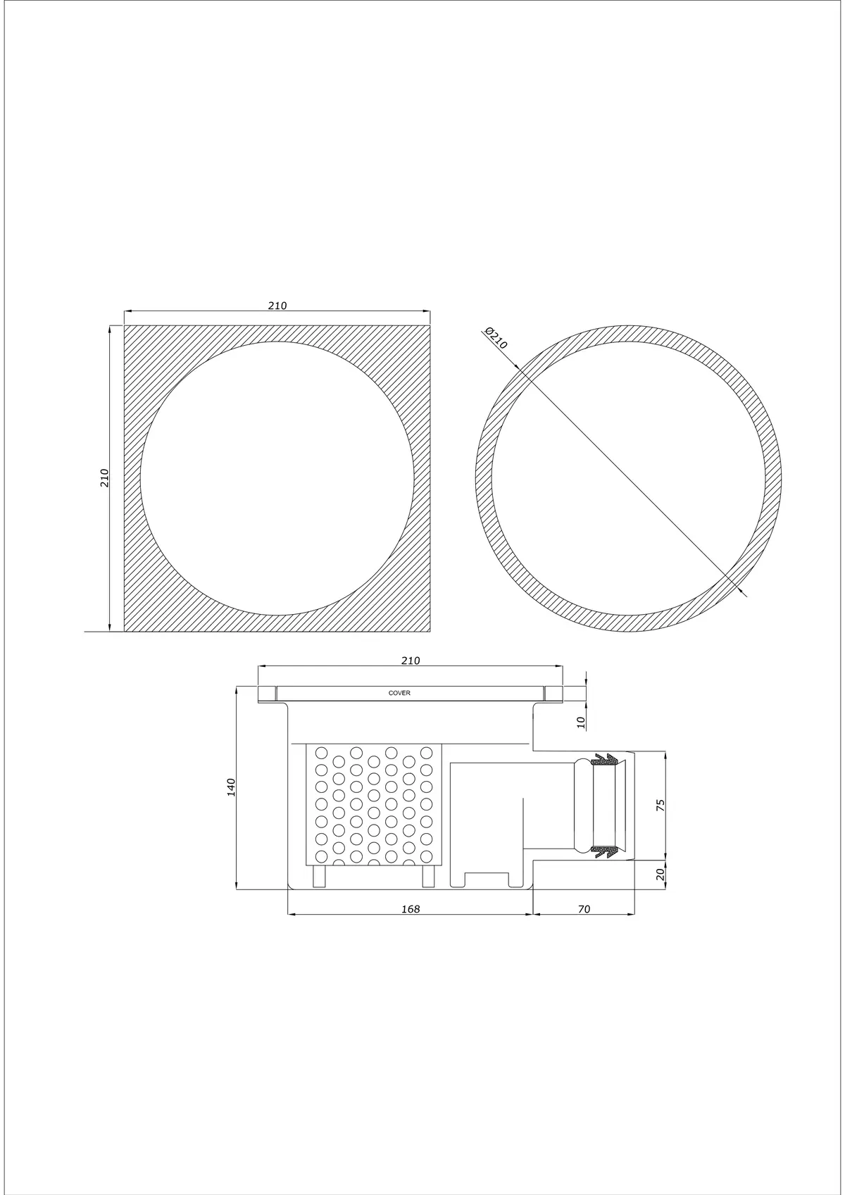 Scarico a pavimento BK_KRBO 210/ 210x210 DN 75 - Monoblocco Orizzontale - Versione rotonda/quadrata
