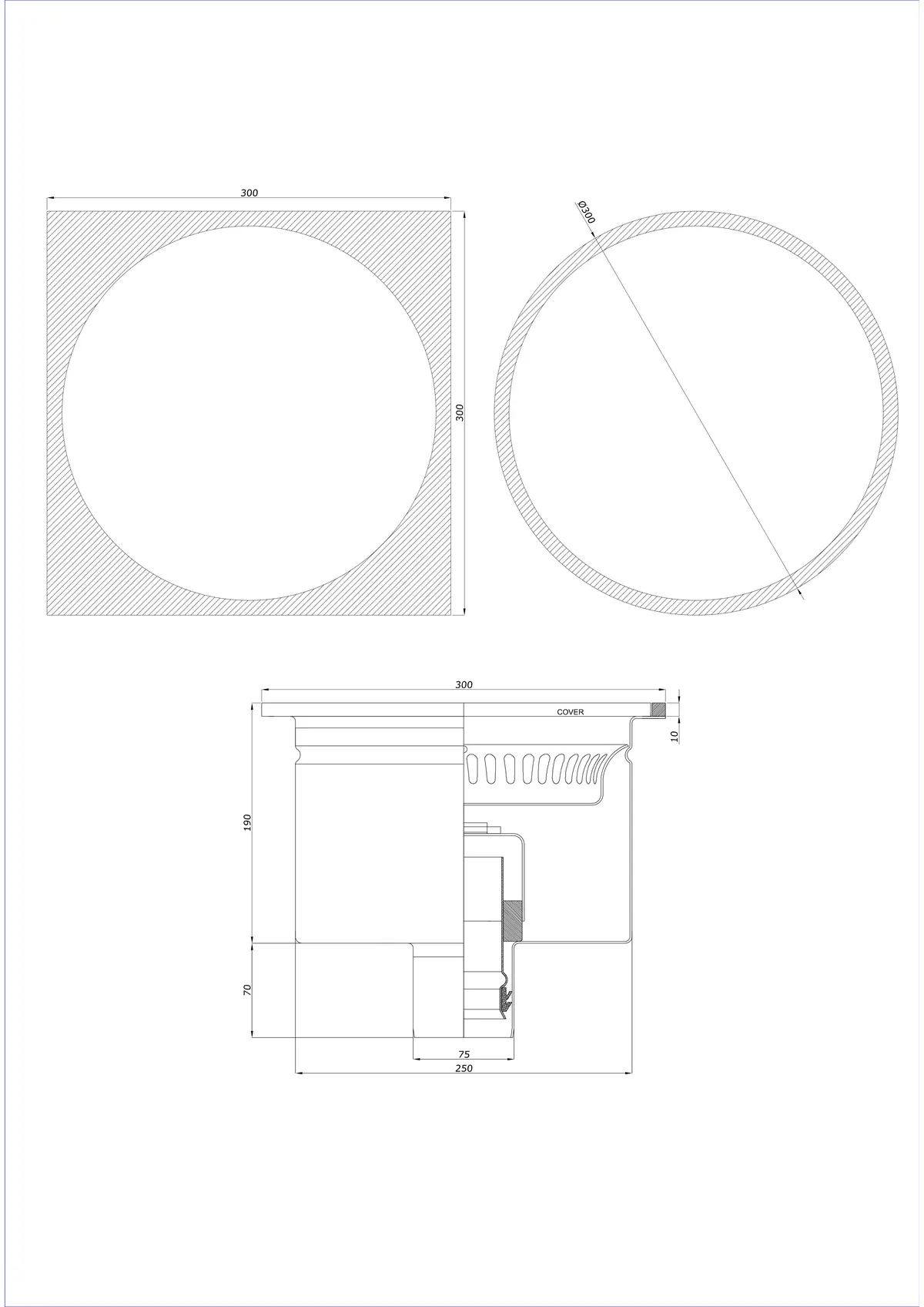 Scarico a pavimento BK_KRDO 300/300x300 DN 75 - Monopezzo verticale - Versione rotonda/quadrata