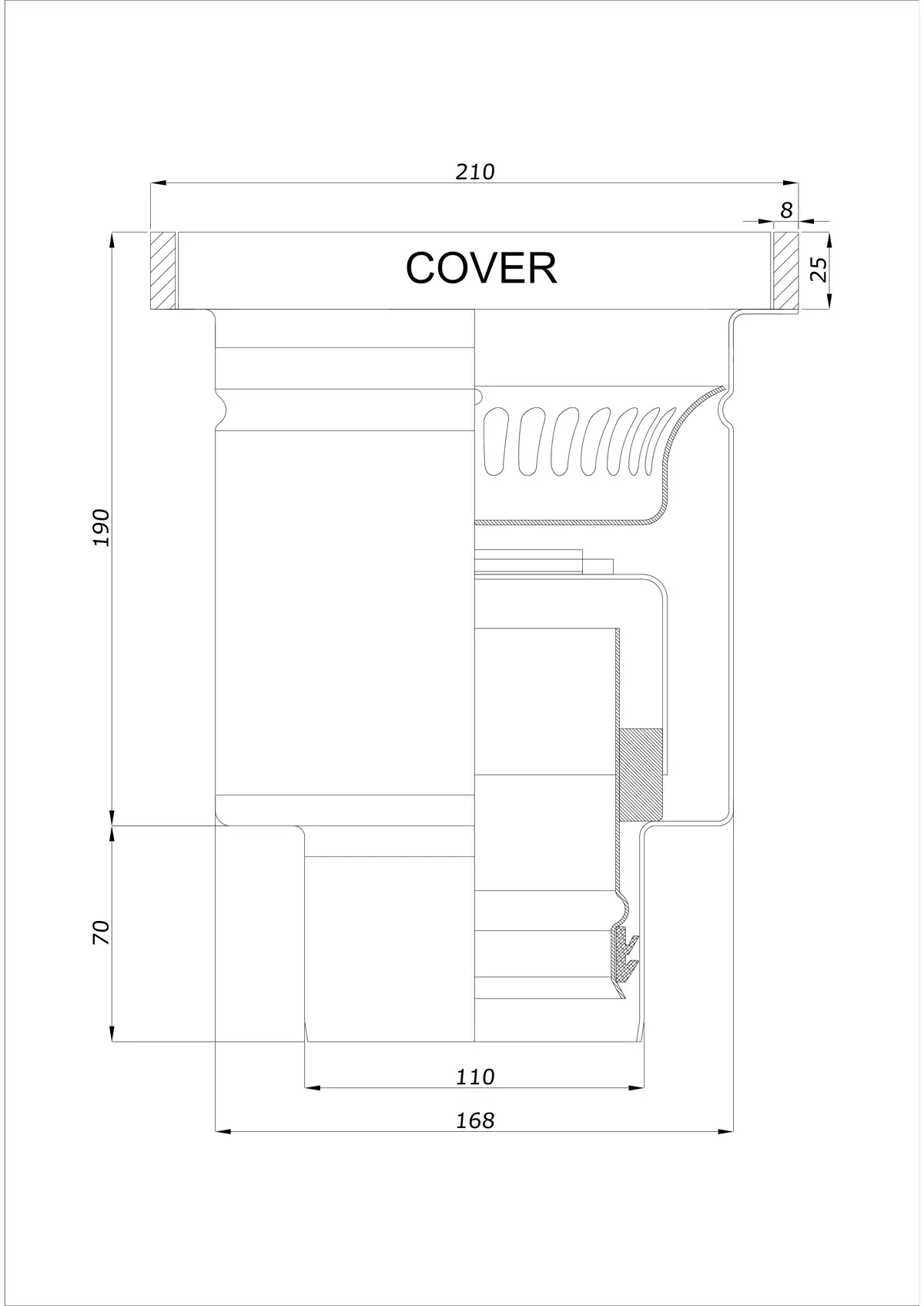 Scarico a pavimento BK_KROD 210 DN 110 con bordo 25x8mm - Verticale monopezzo