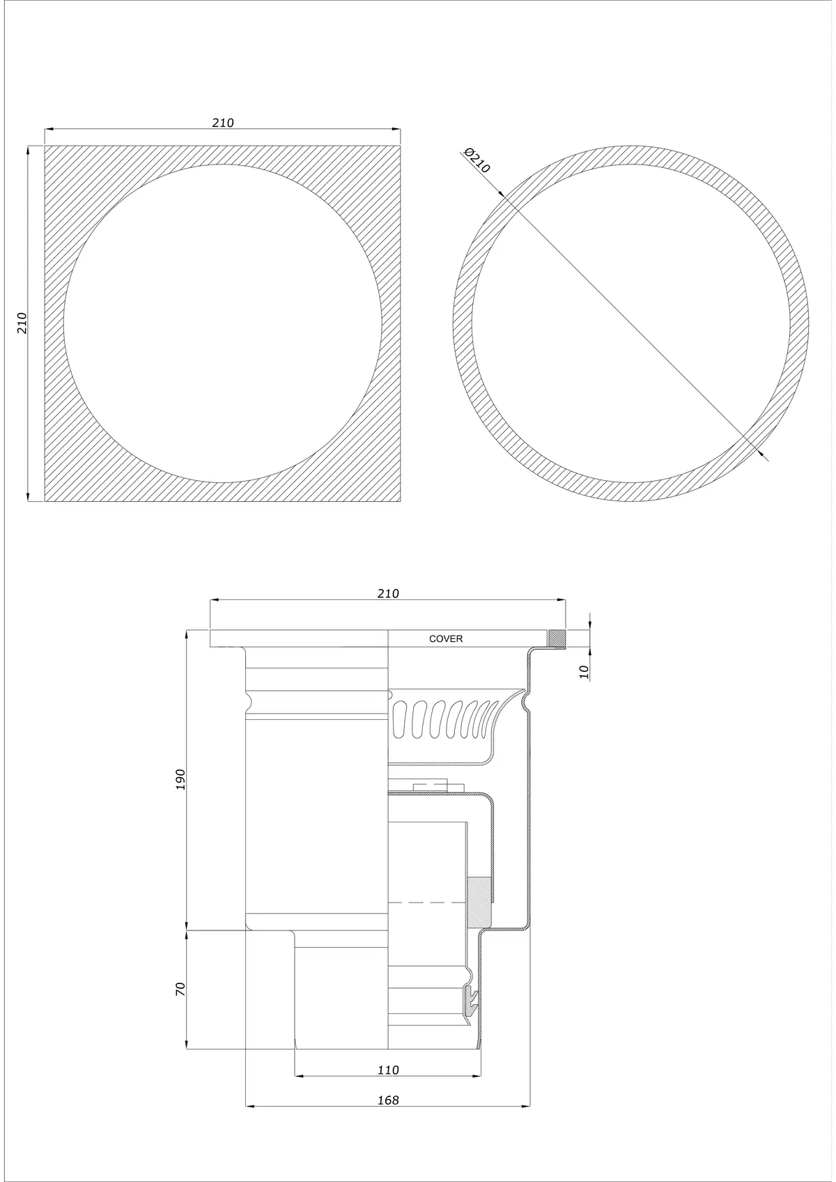 Scarico a pavimento BK_KRDO 210/210x210 DN 110 - Monoblocco verticale - Versione rotonda/quadrata