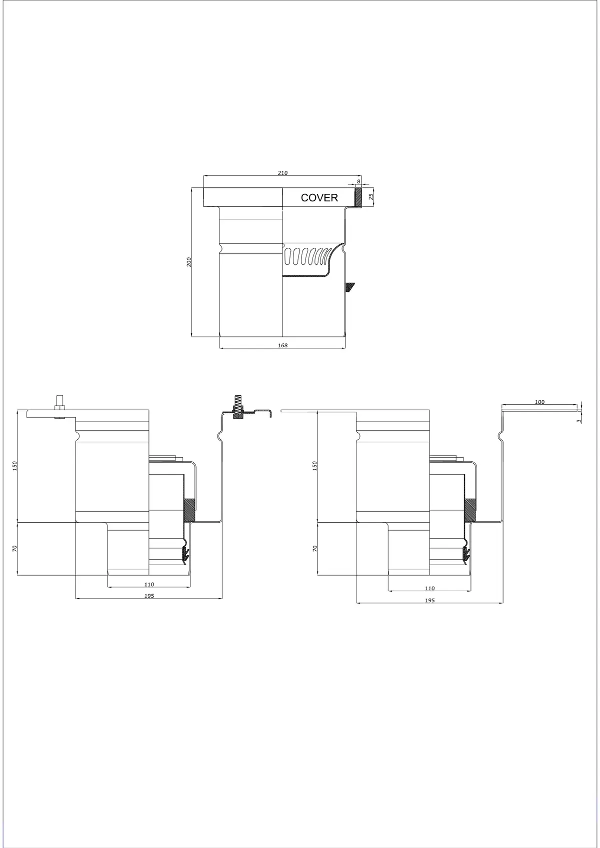 Scarico a pavimento BK_KROD 210 DN 110 con bordo 25x8mm - Scarico verticale in due parti