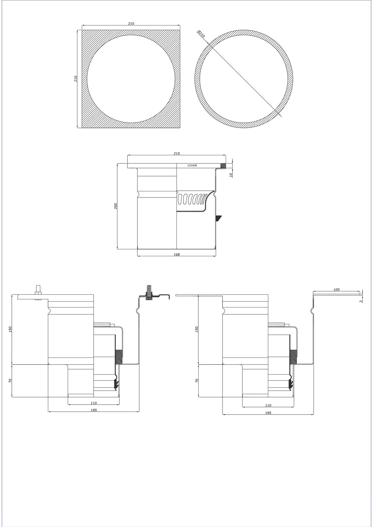 Scarico a pavimento BK_KRDO 210/210x210 DN 110 - Due parti verticale - Versione rotonda/quadrata