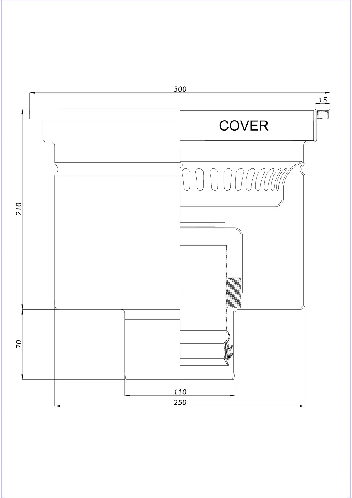 Scarico a pavimento BK_KRD 300x300 DN 110 - Monoblocco verticale