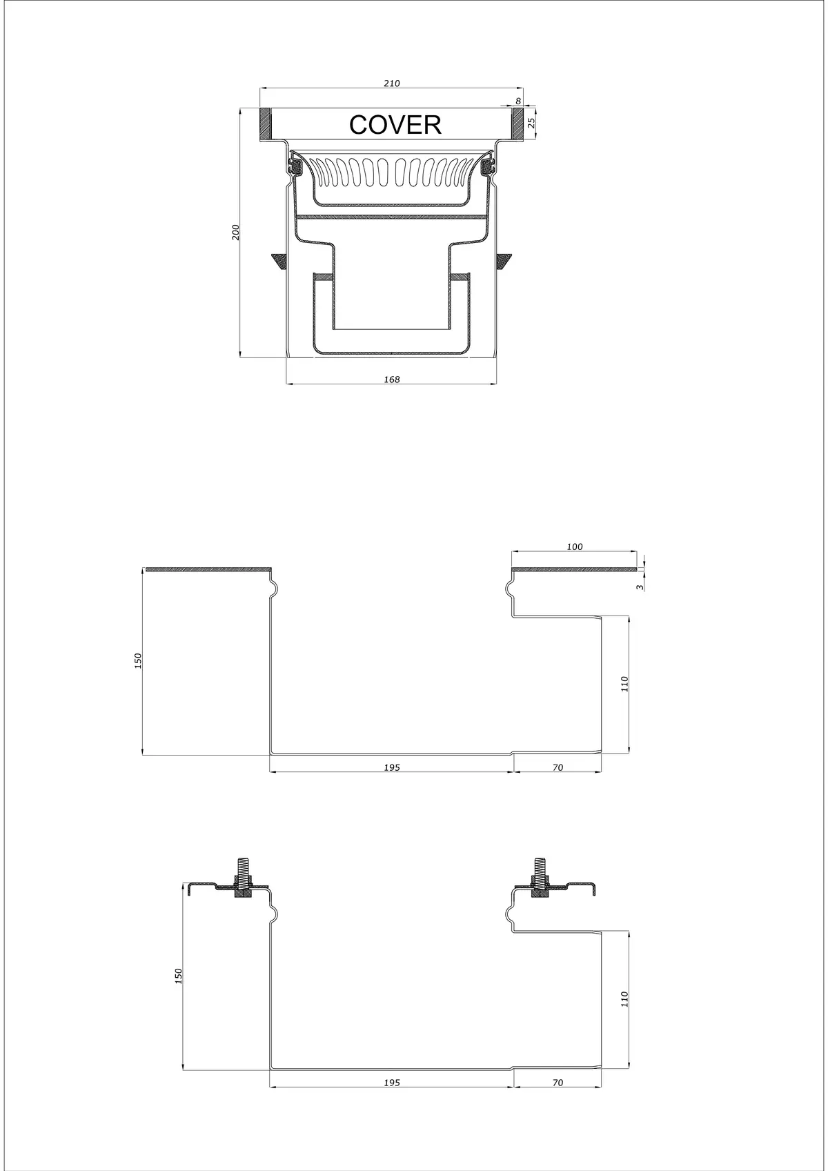 Scarico a pavimento BK_KROB 210 DN 110 con bordo 25x8mm - Due parti orizzontale