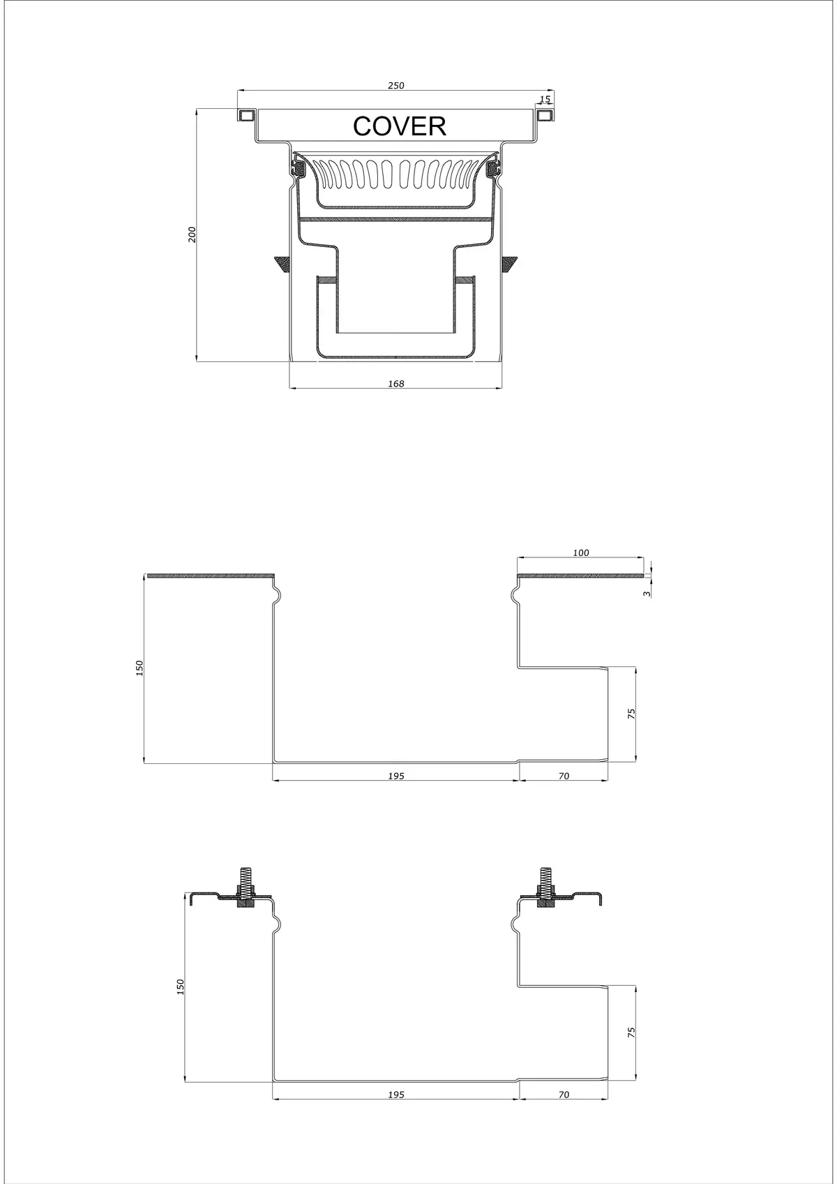 Scarico a pavimento BK_KRB 250x250 DN 75 - Due parti Orizzontale