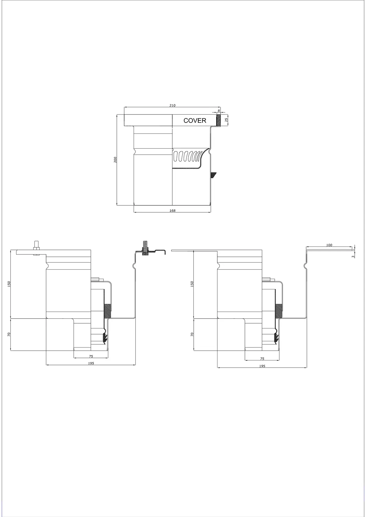 Scarico a pavimento BK_KROD 210 DN 75 con bordo 25x8mm - Due parti verticale